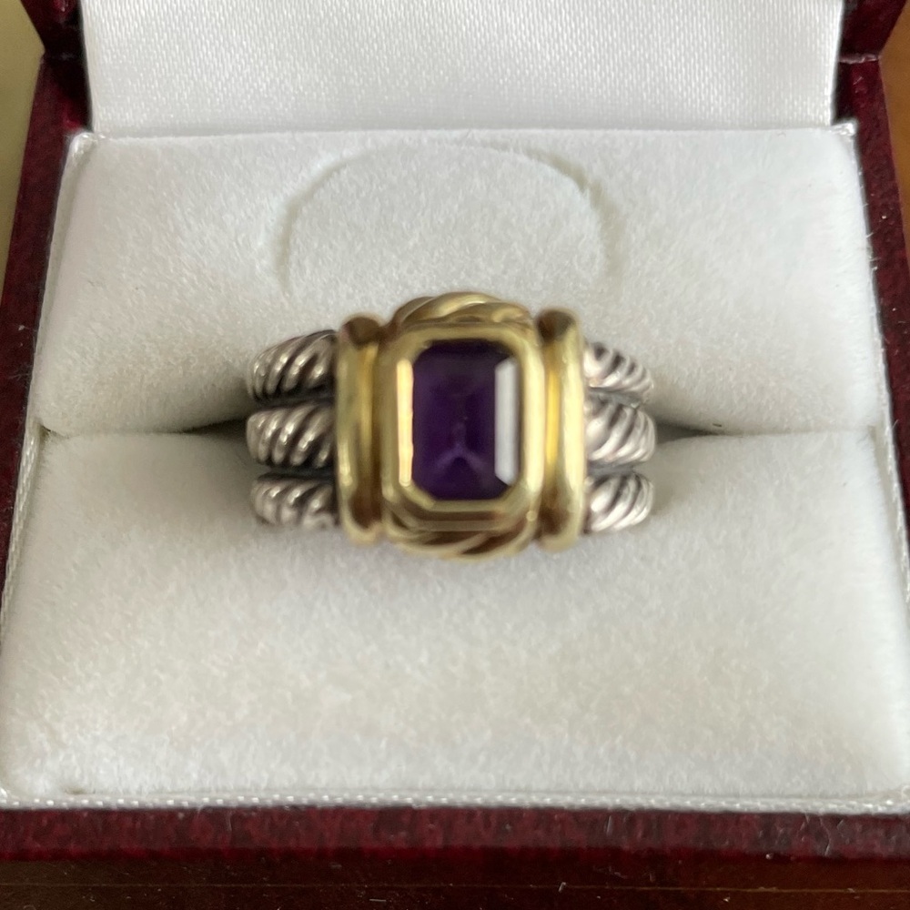 Estate David Yurman, Sterling, silver and 14 karat gold ring with amethyst